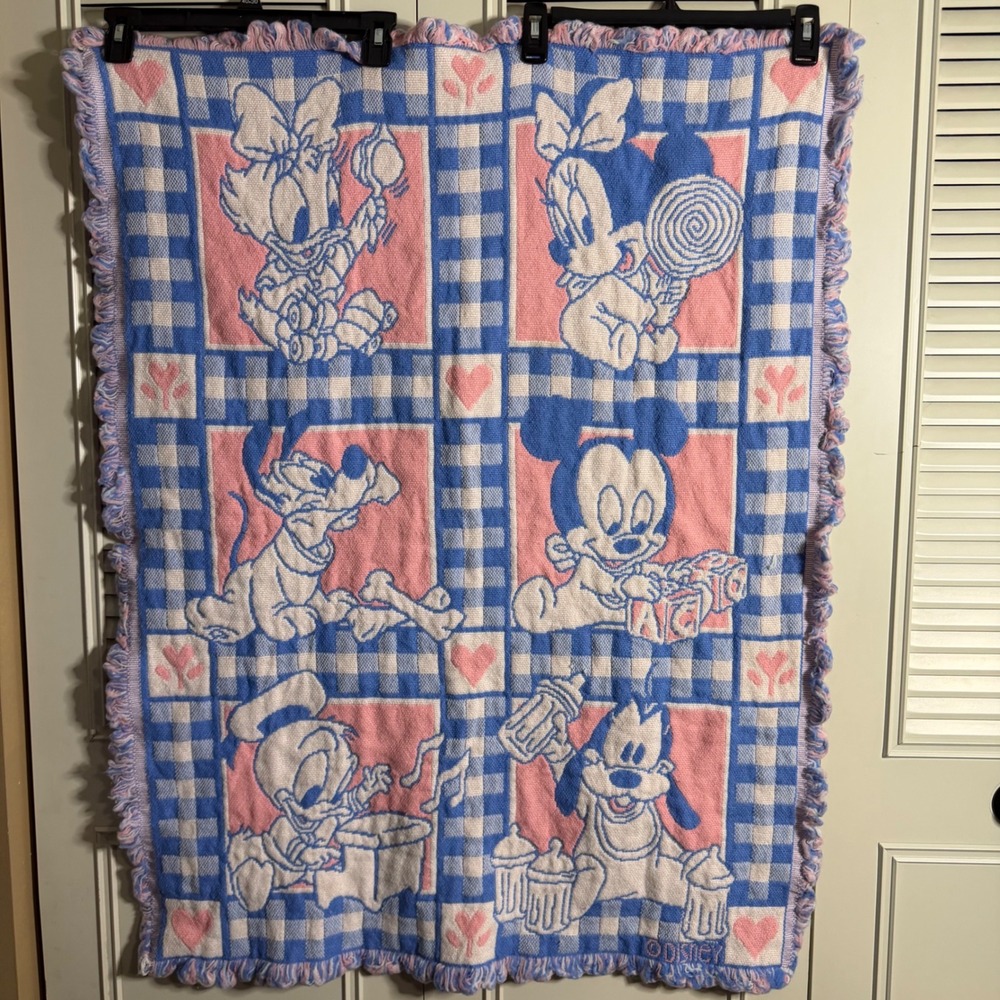 Vintage Disney Baby Blanket Woven Tapestry Mickey Minnie Donald Goofy Blue Pink